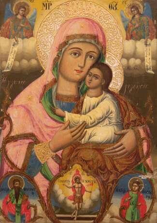 Ikone "Maria mit Jesuskind", am Rand Darstellung von 5 Heiligen, 19. Jh., Eitempera auf Holz, einige Farbfehlstellen, 46,5x32 cm - Foto 1