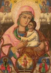 Ikone &quot;Maria mit Jesuskind&quot;, am Rand Darstellung von 5 Heiligen, 19. Jh., Eitempera auf Holz, einige Farbfehlstellen, 46,5x32 cm