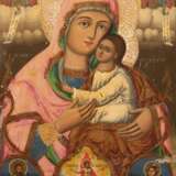 Ikone "Maria mit Jesuskind", am Rand Darstellung von 5 Heiligen, 19. Jh., Eitempera auf Holz, einige Farbfehlstellen, 46,5x32 cm - photo 1