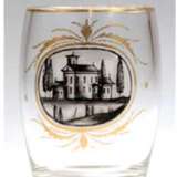 Biedermeier-Becher, um 1830, mit goldgerahmter Kartusche u. Grisaillemalerei, H. 10 cm - Foto 1