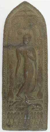Relieftafel "Stehender Buddha", Thailand, Metall, grün patiniert, 2x altreparierte Risse, 36,5x12,5 cm cm - фото 1