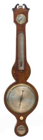 Barometer, England 19. Jh., bez. Pedronani, Leicester, Mahagoni mit Fadenintarsien, Radbarometer mit Quecksilbersäule, Thermometer mit roter Flüssigkeit, H. 65 cm - фото 1
