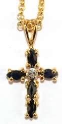 Kette mit Kreuz-Anhänger, Maße ca. 2,1 x 1,1 cm, 925er Silber vergoldet, Saphire und kleiner Diamant, Kettenlänge ca. 45 cm,