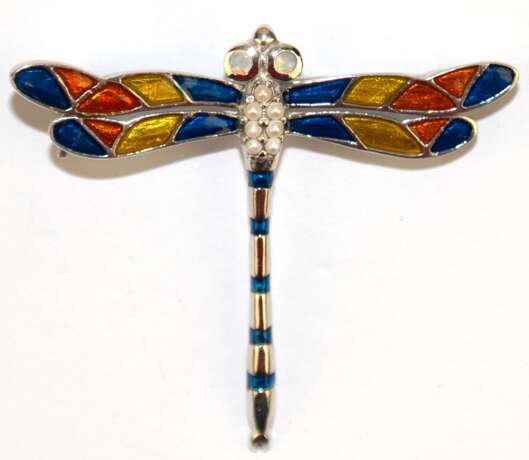 Brosche "Libelle“, 925er Silber, farbige Emaille, Perlen und Opale, Maße ca. 3,7 x 4,1 cm - photo 1