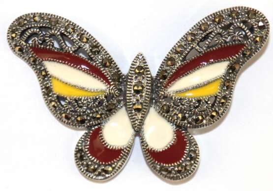 Anhänger "Schmetterling“, 925er Silber, 10,3 g, farbig emailliert, Markasiten, Öse am rechten Flügel, Maße ca. 4,4 x 3,4 cm - photo 1
