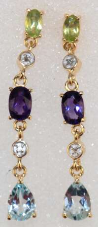Lange Ohrringe, 925er Silber, vergoldet, Peridot, kl. Diamant, Amethyst und Blautopas, Länge ca. 3,5 cm - фото 1