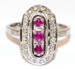 Ring im Art-Deco-Stil, 925er Silber, rhodiniert, Brillanten 0,20 ct., Rubine 0,37 ct., RG 57, Innendurchmesser 18,1 mm
