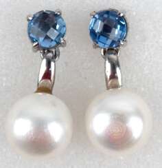 Ohrringe mit großen, echten Perlen ca. 12,5 mm, Blautopase vollflächig facettiert, Länge ca. 2,2 cm, 925er Silber