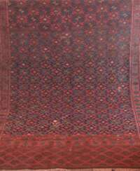 Kelim, Turkmen Yomut, dunkelrot, vollflächig ornamental gemustert, stark belaufen, repariert, 164x356 cm