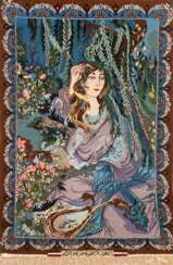 Bild-Teppich, Isfahan, signiert, Darstellung einer Frau und Blumen, brauner Rand, Kanten mit Florfehlstellen, 70x102 cm