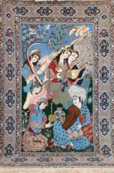 Bild-Teppich, Isfahan, Korkwolle auf Seide, signiert, figürlich, Darstellung eines Orientalen mit 4 anmutigen Frauen, 111x177 cm