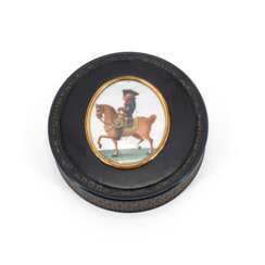 Germany. ROUND PAPIER-MÂCHÉ TORTOISESHELL BOX WITH PORTRAIT OF FREDERICK II OF PRUSSIA ON HORSEBACK