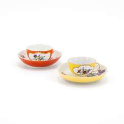 Meissen. TWO PORCELAIN CUPS AND SAUCERS WITH YELLOW AND ORANGE COLOURED GROUND AS WELL AS FLORAL DECOR
