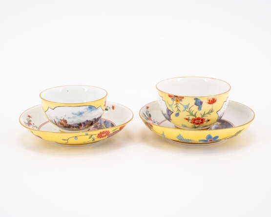 Meissen. PORCELAIN CUP AND TEA BOWL WITH SAUCERS AND MERCHANT SCENES ON YELLOW GROUND - photo 4