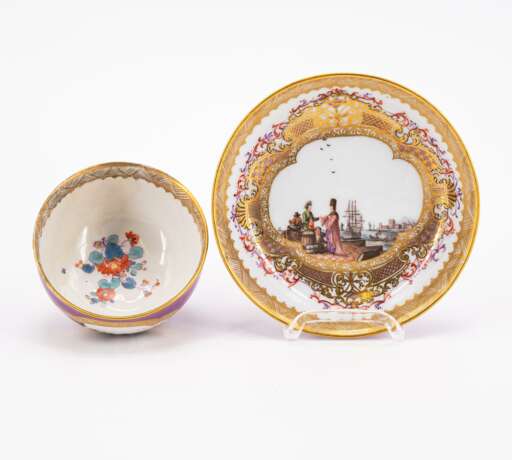 Meissen. TWO PORCELAIN TEA BOWLS AND TWO SAUCER WITH PURPLE FOND AND MERCHANT NAVY SCENE - photo 5