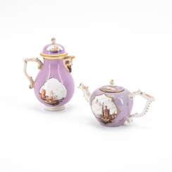 Meissen. PORCELAIN TEAPOT AND COFFEEPOT WITH PURPLE GROUND AND MERCHANTS NAVY SCENES