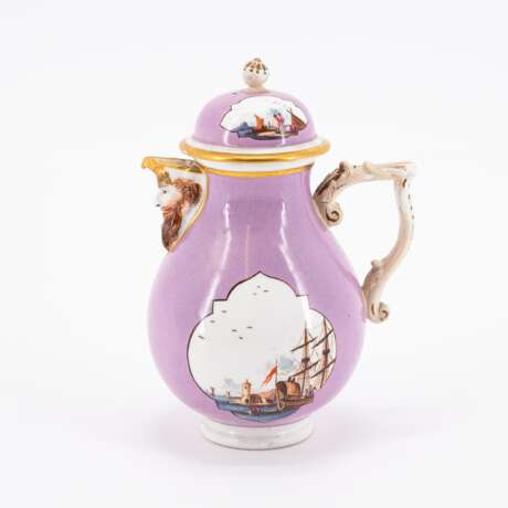 Meissen. PORCELAIN TEAPOT AND COFFEEPOT WITH PURPLE GROUND AND MERCHANTS NAVY SCENES - photo 3
