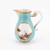 Meissen. OCTAGONAL PORCELAIN CREAM JUG; HANDLES CUP AND SAUCER WITH TURQUOISE BACKGROUND AND LANDSCAPE DECORATIONS - фото 8
