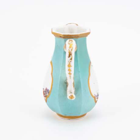 Meissen. OCTAGONAL PORCELAIN CREAM JUG; HANDLES CUP AND SAUCER WITH TURQUOISE BACKGROUND AND LANDSCAPE DECORATIONS - photo 9