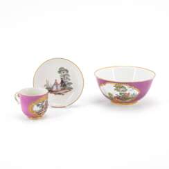 Meissen. PORCELAIN SLOP BOWL, CUP WITH SAUCER AND PURPLE GROUND AND GALLANT PARK SCENES