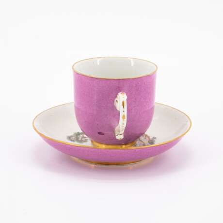 Meissen. PORCELAIN SLOP BOWL, CUP WITH SAUCER AND PURPLE GROUND AND GALLANT PARK SCENES - фото 3