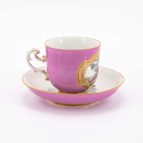 Meissen. PORCELAIN SLOP BOWL, CUP WITH SAUCER AND PURPLE GROUND AND GALLANT PARK SCENES - photo 4