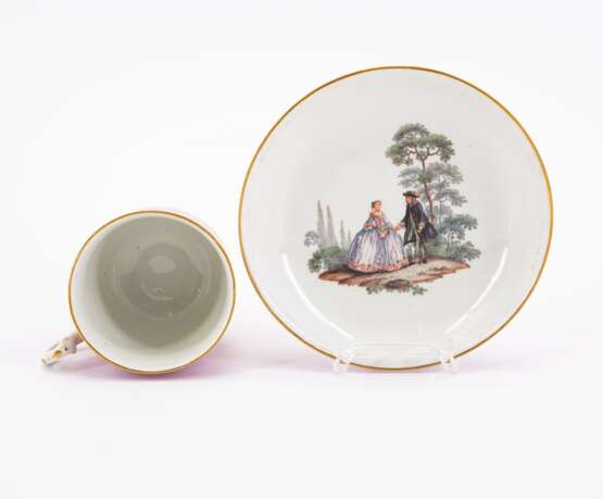 Meissen. PORCELAIN SLOP BOWL, CUP WITH SAUCER AND PURPLE GROUND AND GALLANT PARK SCENES - photo 5
