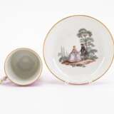 Meissen. PORCELAIN SLOP BOWL, CUP WITH SAUCER AND PURPLE GROUND AND GALLANT PARK SCENES - фото 5