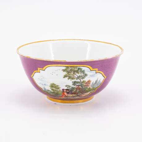 Meissen. PORCELAIN SLOP BOWL, CUP WITH SAUCER AND PURPLE GROUND AND GALLANT PARK SCENES - фото 8