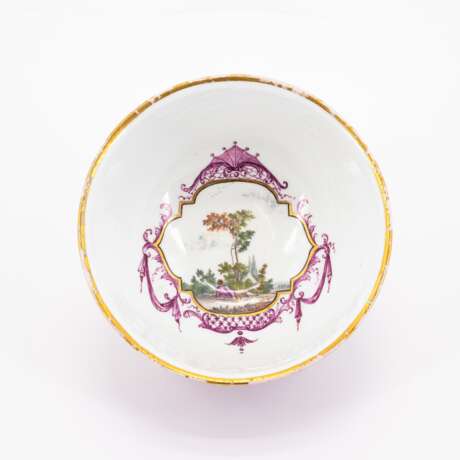 Meissen. PORCELAIN SLOP BOWL, CUP WITH SAUCER AND PURPLE GROUND AND GALLANT PARK SCENES - фото 10