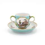 Meissen. PORCELAIN MUG WITH TURQUOISE GROUND, APPLIED FLOWERS AND RURAL SCENES - photo 1