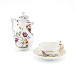 Meissen. PORCELAIN COFFEE POT, CUP AND SAUCER WITH BUTTERFLY DECOR