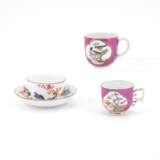 Meissen. ONE PORCELAIN CUP AND SAUCER WITH QUAIL DECOR & TWO CUPS WITH PURPLE BACKGROUND AND BIRD DECOATIONS - фото 1