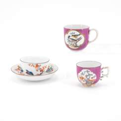 Meissen. ONE PORCELAIN CUP AND SAUCER WITH QUAIL DECOR & TWO CUPS WITH PURPLE BACKGROUND AND BIRD DECOATIONS