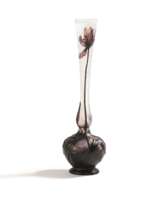 Daum Frères. MINIATURE GLASS VASE WITH ORCHID DECORATION AND MARTELÉE CUT