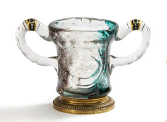 Emile Gallé. EARLY DOUBLE-HANDLED GLASS GOBLET WITH POWDER ENAMELLING AND HUNTING ENGRAVING