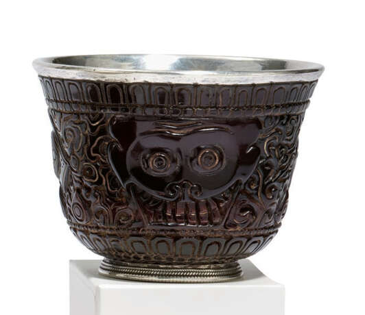 AMBER RITUAL VESSEL WITH FACES AND ORNAMENTAL DECORATION - photo 1