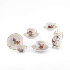 Ludwigsburg. SMALL PORCELAIN JUG, FOUR CUPS AND SAUCERS WITH SCALE RELIEF AND BIRD PAINTING