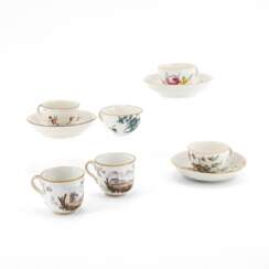 Frankenthal. SIX PORCELAIN CUPS AND THREE SAUCERS WITH BIRD DECOR, FLOWERS AND LANDSCAPE SCENES