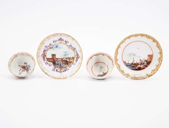 Meissen. TWO TEA BOWLS WITH SAUCERS AND ONE SUGAR BOWL AND LID WITH MERCHANT SCENES - photo 5