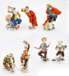 Meissen. FOUR LARGE AND THREE SMALL PORCELAIN FIGURINES FROM THE COMMEDIA DELL'ARTE