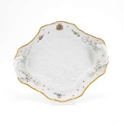 Meissen. LARGE PORCELAIN HANDLED BOWL WITH DECORATION FROM THE SWAN SERVICE