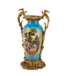 France. LARGE PORCELAIN VASE WITH TURQUOISE GROUND, PARK SCENE AND BRONZE MOUNTINGS