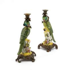 France. PAIR OF EXTRAORDINARY PORCELAIN CANDLESTICKS WITH PARROTS