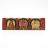 WOODEN PART OF A BOOK COVER WITH COLOURED DEPICTIONS OF THREE DEITIES - photo 1