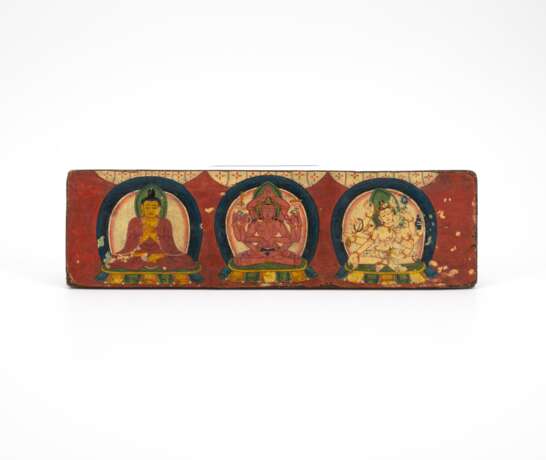 WOODEN PART OF A BOOK COVER WITH COLOURED DEPICTIONS OF THREE DEITIES - photo 1