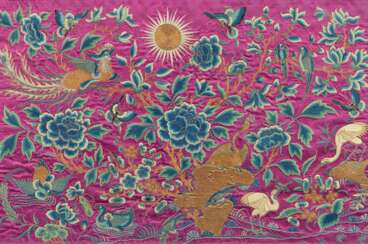SILK EMBROIDERY WITH STYLISED PAINTING OF AN IDYLLIC SUNSET