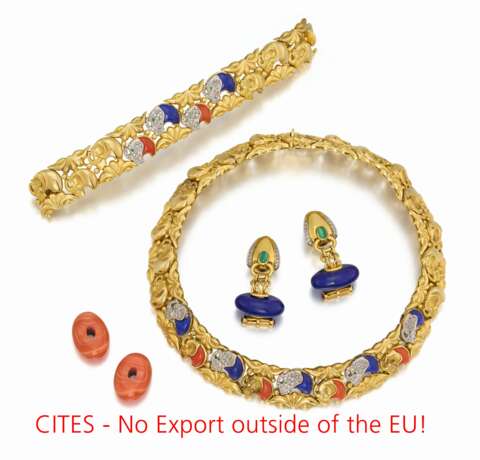 Lapis Lazuli-Coral-Diamond-Set: Necklace, Bracelet, Ear Studs - photo 1