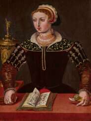 South German School. Portrait of a Lady with Book and Richly Painted Lid Vase