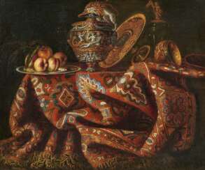 Jacques Hupin. Still Life with Turkish Rug, Plate with Peaches and Sculpted Vase